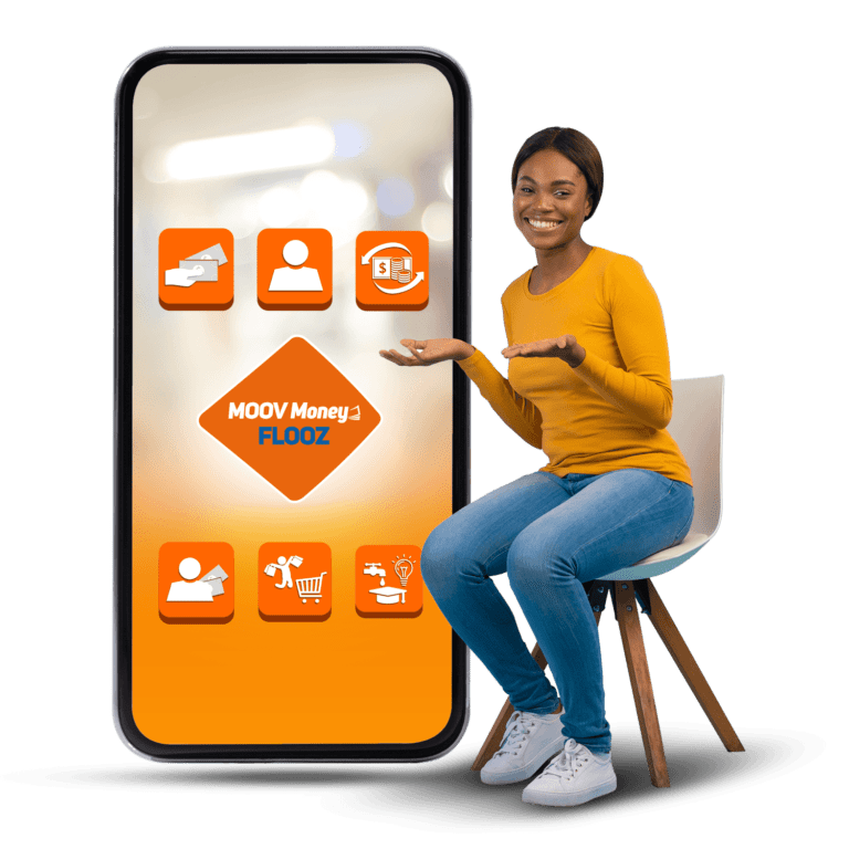 Visuel Moov Money Flooz : un téléphone et une utilisatrice.