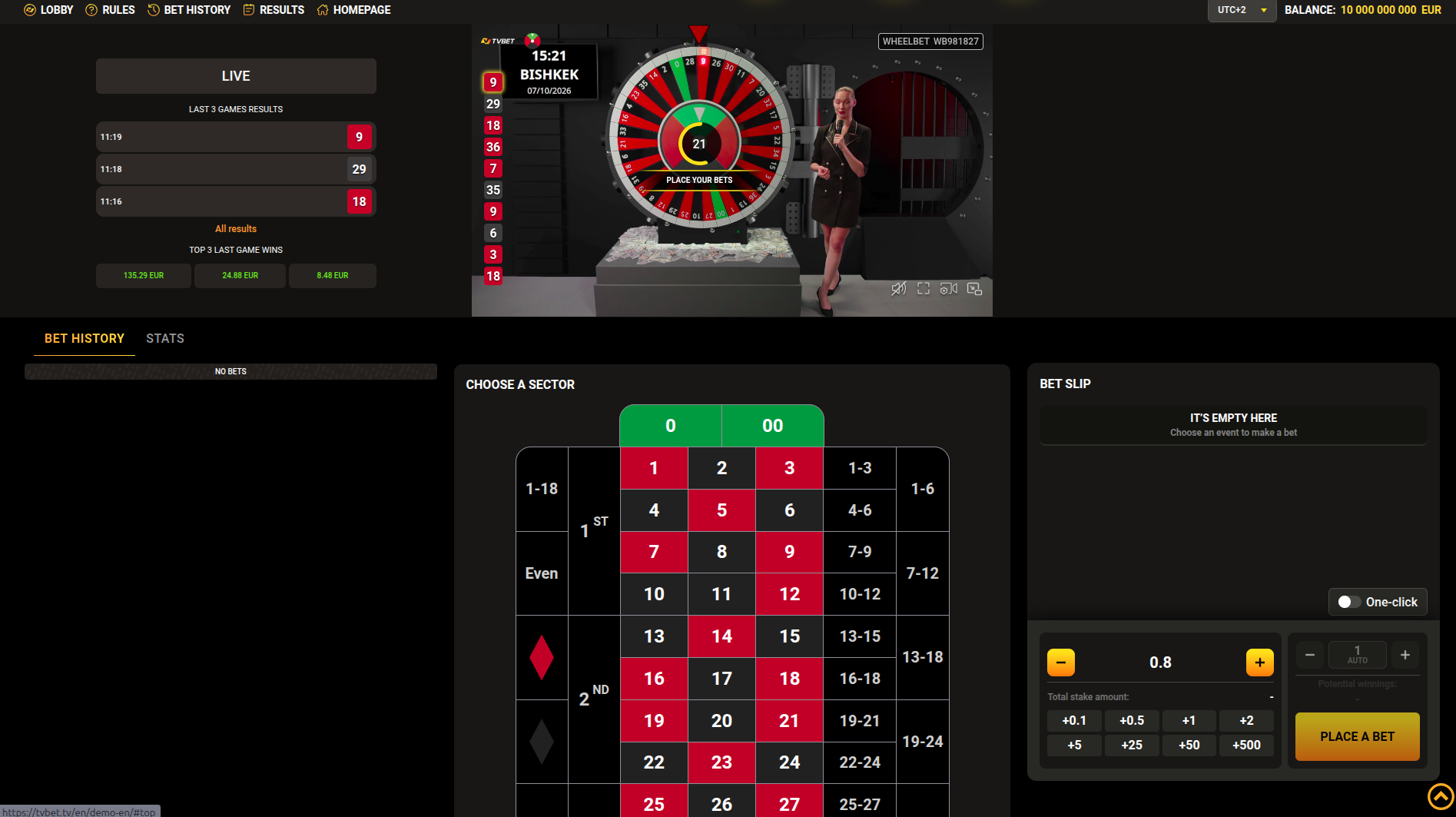 Capture de démonstration WHEELBET de TVBET : la roue et la présentatrice sur le plateau.